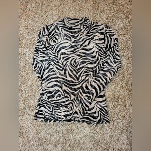 -Free kisses long sleeve sheer mesh shirt-high cut neckline-zebra print-size